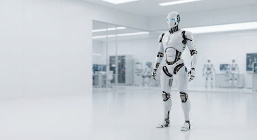 原设计中的白色人形机器人，站在明亮的实验室内